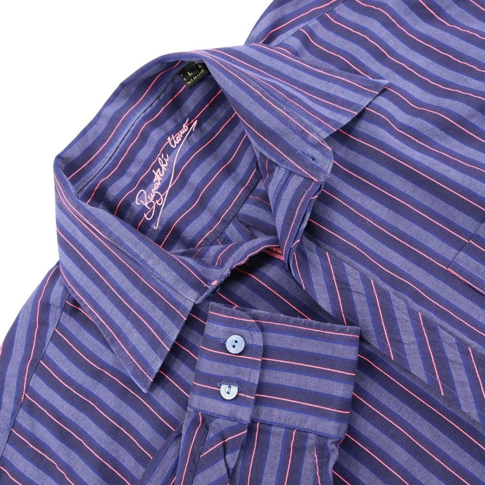 Bugatchi Uomo Mens Large Blue Purple Pink Striped Long Sleeve‎ Button Down Shirt